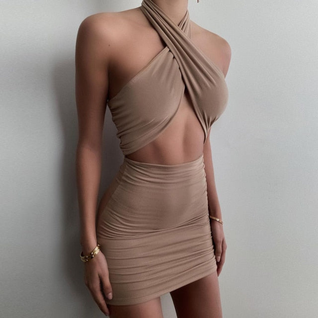 JillPeri Double Layered Yellow Adjustable Strappy Halter Mini Dress Women Sexy Outfits Club Ruched Vacation Beach Summer Dress