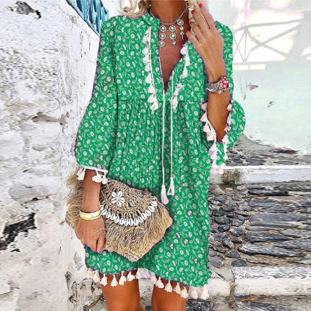 Women Vintage Print V Neck Tassel Mini Dress Casual Loose Three Quarter Sleeve Beach Dress 2022 Spring Summer Party Dress Femme