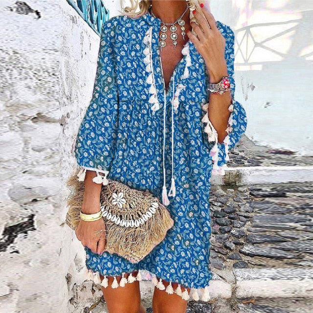 Women Vintage Print V Neck Tassel Mini Dress Casual Loose Three Quarter Sleeve Beach Dress 2022 Spring Summer Party Dress Femme