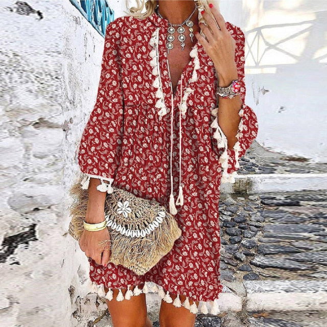 Women Vintage Print V Neck Tassel Mini Dress Casual Loose Three Quarter Sleeve Beach Dress 2022 Spring Summer Party Dress Femme