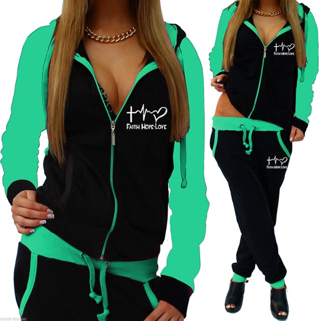 Printed Tracksuit Women 2 Piece Set Zipper Sweatshirt+Pants Sportwear Women's Sports Suit Hooded Hoodies Set Female Clothes