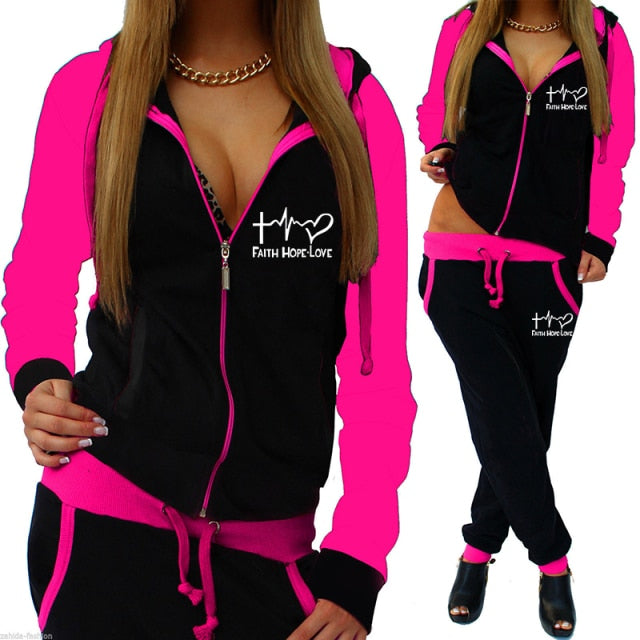 Printed Tracksuit Women 2 Piece Set Zipper Sweatshirt+Pants Sportwear Women's Sports Suit Hooded Hoodies Set Female Clothes