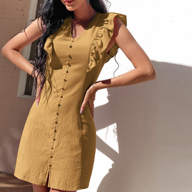 Women White Dress Lace Up Sexy Midi Vestidos Ruffles Sleeveless Bodycon Female Dresses 2021 Buttons Belt Elegant Ladies Clothes