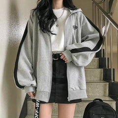 Ladies Autumn Hoodie Gray Jacket Women's Casual Loose Sports Long Sleeve Drawstring Pocket Jacket Cardigan Top Street Tops Crop