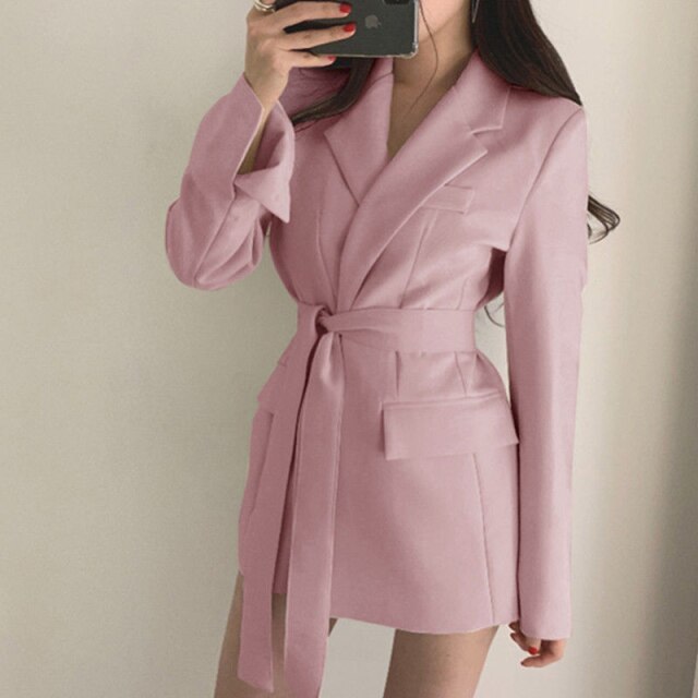 Women Spring Autumn Slim-fit Blazer Free Belt Cardigan Style Lace-up Belted Lapel Blazers 2021 Woman Black Office Work Suits New