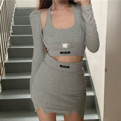 Age-Reducing Strap Suit, Female Summer New Style Hip Bag Overskirt Western Style Knitted Long-Sleeved Coat Girl Two-Piece Set