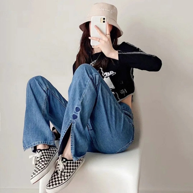 MosiMolly 2021 Washed Denim Pants Jeans Women Boyfriend Jeans Casual Pants Split Long Pants Bottom Black Jeans