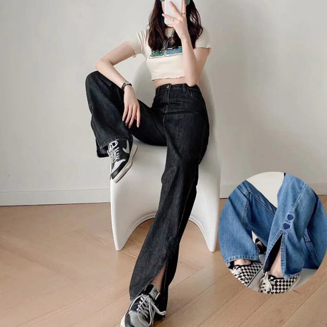 MosiMolly 2021 Washed Denim Pants Jeans Women Boyfriend Jeans Casual Pants Split Long Pants Bottom Black Jeans