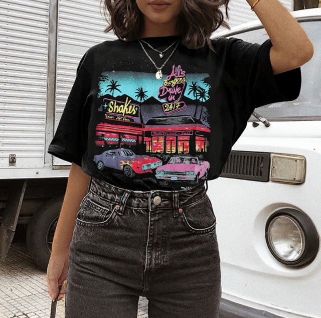 sunfiz YF DreamCar T Shirt Casual Short Sleeve Black T-shirts Cute Tees Long Graphic Tops Womens Tees Tops Female Summer Tees
