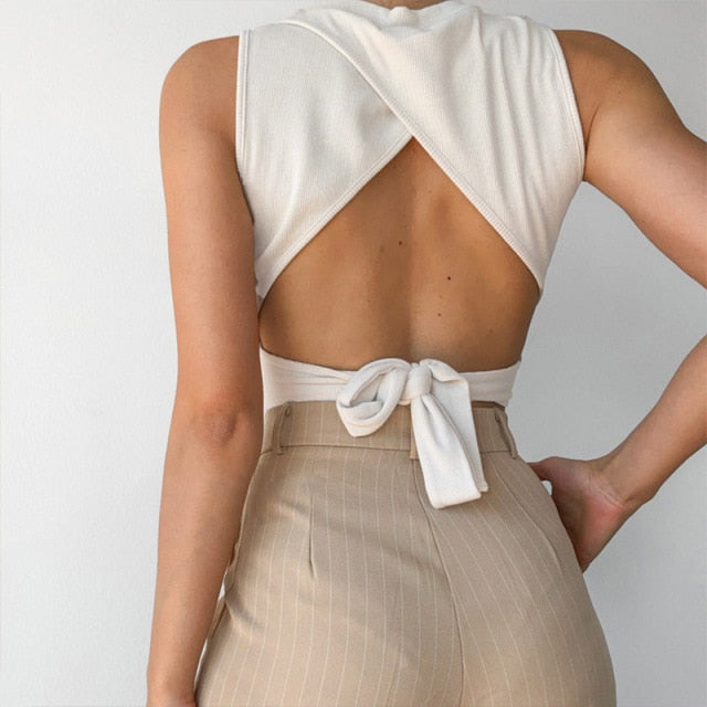 Tied Backless Slim Solid Sleeveless Crop Top 2021 Summer Sexy Skinny Simple Trim Outfits Mock Neck Basic Tank Top
