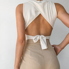 Tied Backless Slim Solid Sleeveless Crop Top 2021 Summer Sexy Skinny Simple Trim Outfits Mock Neck Basic Tank Top