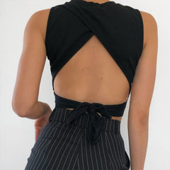 Tied Backless Slim Solid Sleeveless Crop Top 2021 Summer Sexy Skinny Simple Trim Outfits Mock Neck Basic Tank Top