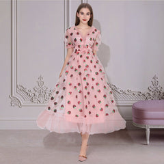 Maxi Dresses For Women 2021 Summer Strawberry Dress Plus Size Mesh Robe Sexy Party Club Elegant Female Casual Dresses Vestidos