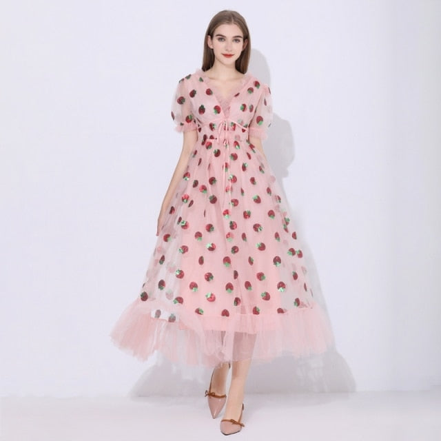 Maxi Dresses For Women 2021 Summer Strawberry Dress Plus Size Mesh Robe Sexy Party Club Elegant Female Casual Dresses Vestidos