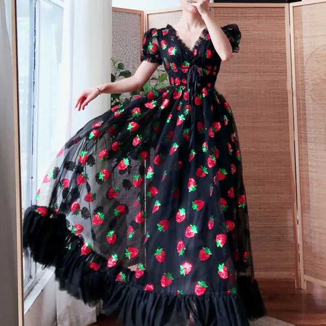 Maxi Dresses For Women 2021 Summer Strawberry Dress Plus Size Mesh Robe Sexy Party Club Elegant Female Casual Dresses Vestidos