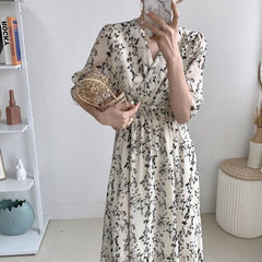Retro floral dress women's elegant Chiffon French party dress puff sleeve V-neck MIDI dress autumn 2021 new women's dress