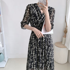 Retro floral dress women's elegant Chiffon French party dress puff sleeve V-neck MIDI dress autumn 2021 new women's dress