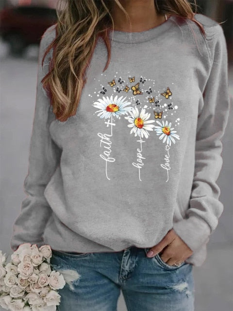 Three Daisy Printed Hoodies Women Fleece Long Sleeve O Neck Loose Sweatshirt Girls Women Hoodie Pullovers Winter Autumn