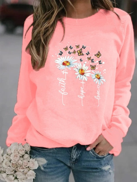 Three Daisy Printed Hoodies Women Fleece Long Sleeve O Neck Loose Sweatshirt Girls Women Hoodie Pullovers Winter Autumn