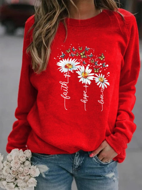 Three Daisy Printed Hoodies Women Fleece Long Sleeve O Neck Loose Sweatshirt Girls Women Hoodie Pullovers Winter Autumn