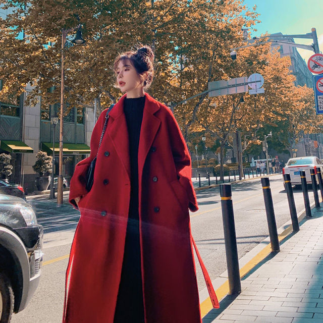 Korea Women Spring Autumn Black Loose Long Wool Coat Jacket Belt Woolen Overcoat Split Hem Cardigan Outerwear 3XL
