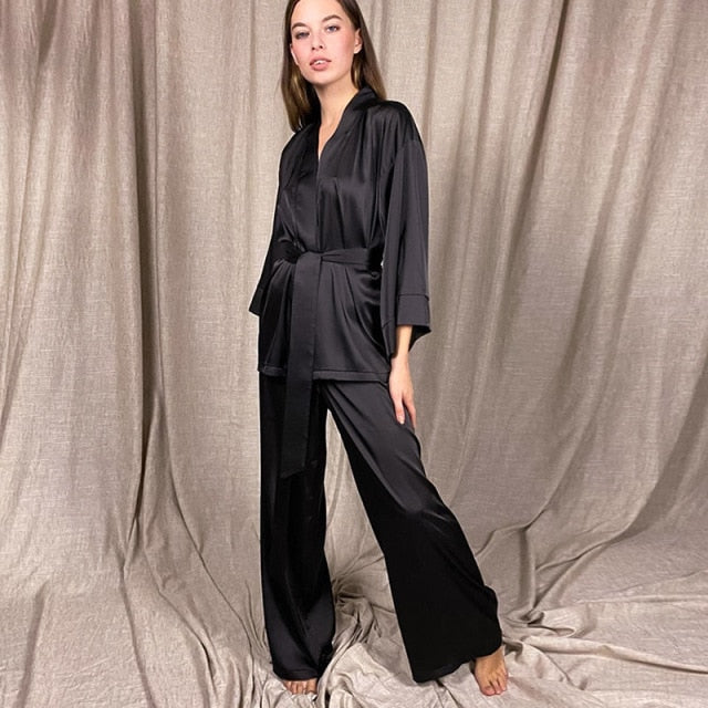 Lizakosht Solid Color Sleepwear Loose Flare Home Pants Three Quarter Sleeve Satin Robe Sets Bathrobe For Women Pajama Fashion Spring