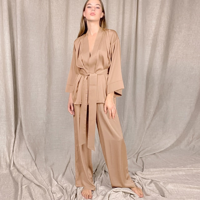 Lizakosht Solid Color Sleepwear Loose Flare Home Pants Three Quarter Sleeve Satin Robe Sets Bathrobe For Women Pajama Fashion Spring