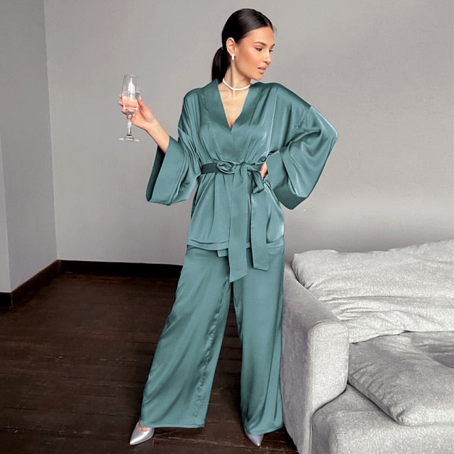 Lizakosht Solid Color Sleepwear Loose Flare Home Pants Three Quarter Sleeve Satin Robe Sets Bathrobe For Women Pajama Fashion Spring