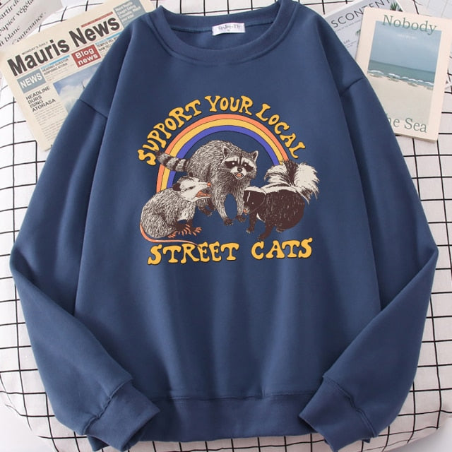 LIZAKOSHT  -  Support Your Local Street Cats Print Hoody Women Fashion Fleece Hoodie Oversize Loose Sweatshirt Crewneck Pullover Female Autumn
