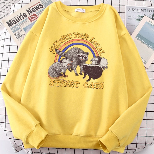 LIZAKOSHT  -  Support Your Local Street Cats Print Hoody Women Fashion Fleece Hoodie Oversize Loose Sweatshirt Crewneck Pullover Female Autumn