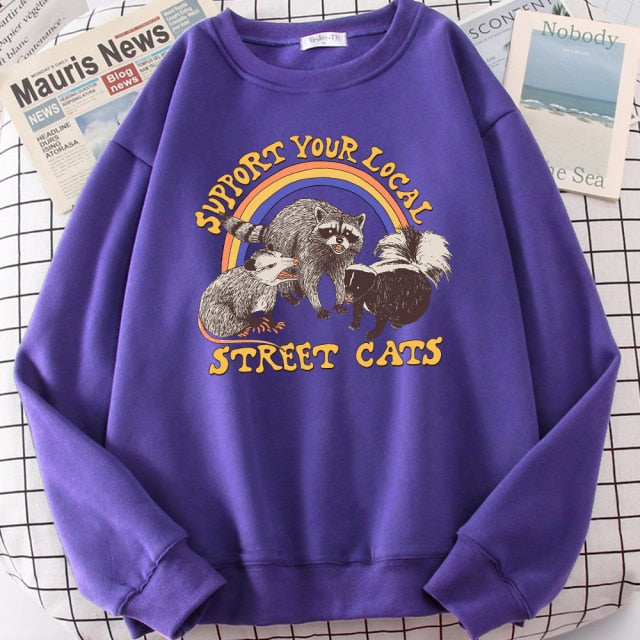LIZAKOSHT  -  Support Your Local Street Cats Print Hoody Women Fashion Fleece Hoodie Oversize Loose Sweatshirt Crewneck Pullover Female Autumn