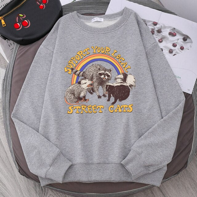 LIZAKOSHT  -  Support Your Local Street Cats Print Hoody Women Fashion Fleece Hoodie Oversize Loose Sweatshirt Crewneck Pullover Female Autumn
