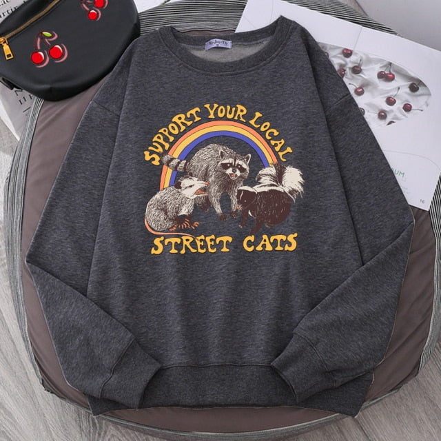 LIZAKOSHT  -  Support Your Local Street Cats Print Hoody Women Fashion Fleece Hoodie Oversize Loose Sweatshirt Crewneck Pullover Female Autumn