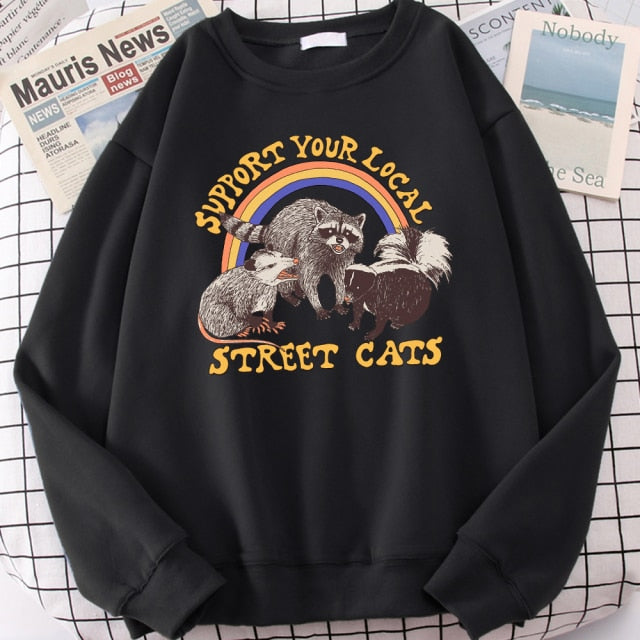 LIZAKOSHT  -  Support Your Local Street Cats Print Hoody Women Fashion Fleece Hoodie Oversize Loose Sweatshirt Crewneck Pullover Female Autumn