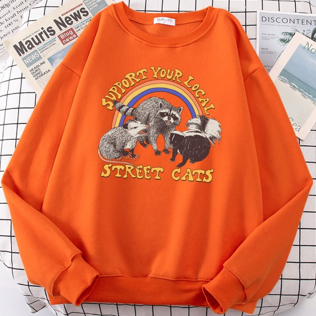 LIZAKOSHT  -  Support Your Local Street Cats Print Hoody Women Fashion Fleece Hoodie Oversize Loose Sweatshirt Crewneck Pullover Female Autumn