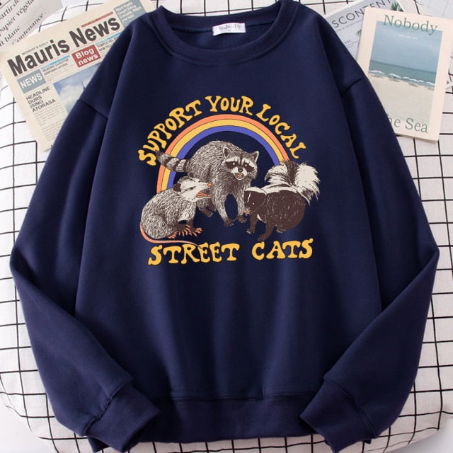LIZAKOSHT  -  Support Your Local Street Cats Print Hoody Women Fashion Fleece Hoodie Oversize Loose Sweatshirt Crewneck Pullover Female Autumn