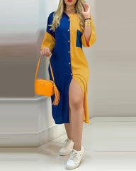 Ladies Dress Fashion Color Matching Slim Short-Sleeved Shirt Dress Casual Home Street Commuter Plus Size Dress Women