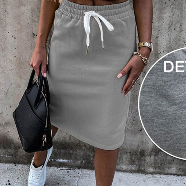 Women Set With Skirt Solid Slim Ladies Skirts Suit Sleeveless Sweatshirt Crop Tops And Split Lace Up Bottom 2021 Summer Fashion
