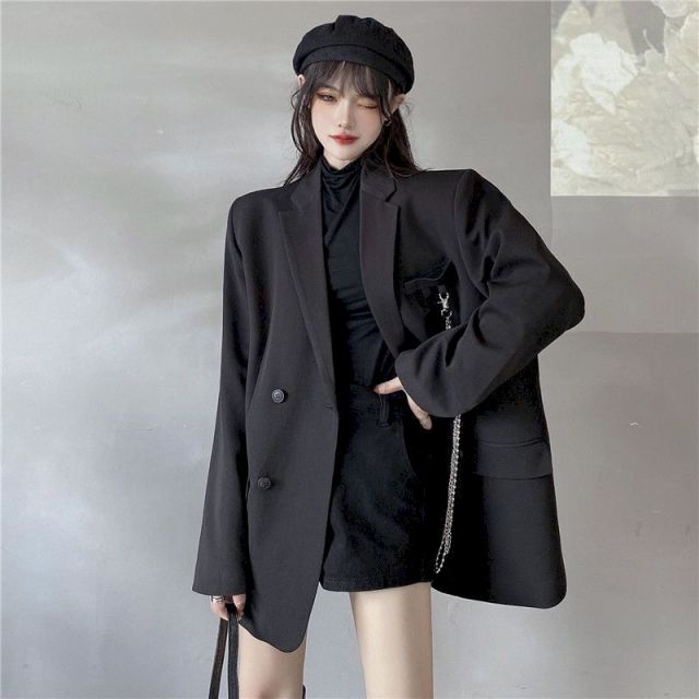 New Suit Jacket Women's Trendy Dark Black  Retro Loose And Thin Fried Street Suit Jacket Women 2021 Spring And Autumn Loose A