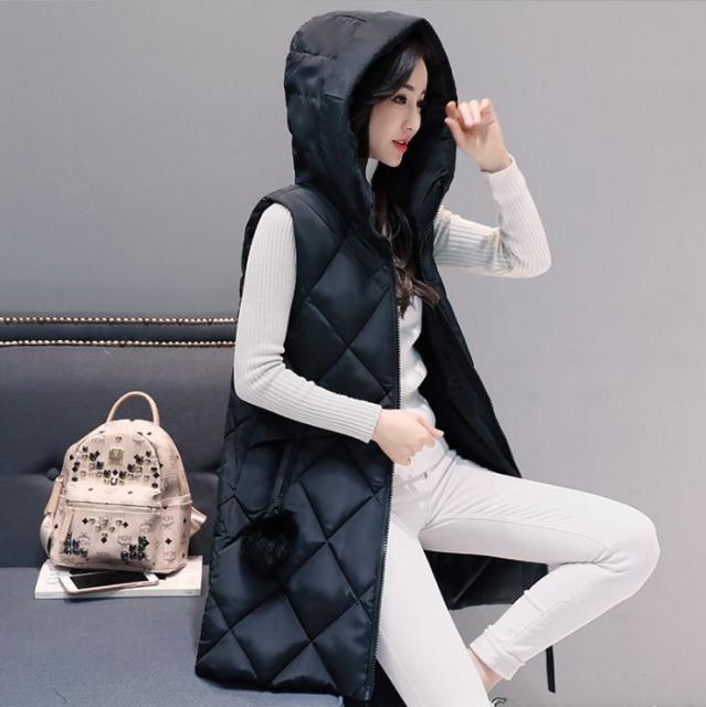 Plus Size Womens Hooded Long Section Vest Coats Large Size Winter Autumn Sleeveless Cotton Padded Jackets Warm Waistcoats K1194