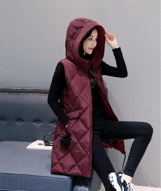Plus Size Womens Hooded Long Section Vest Coats Large Size Winter Autumn Sleeveless Cotton Padded Jackets Warm Waistcoats K1194