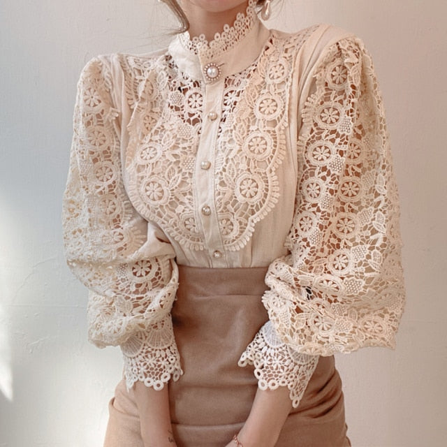 Women Sexy Lace Patchwork Hollow Out T-Shirt Long Sleeve Crew Neck Button Mesh Design Tops Spring Fashion White Vintage T Shirts