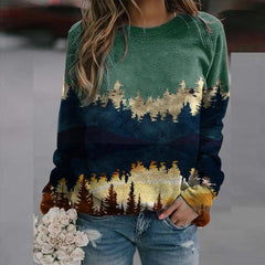 Landscape Printed Loose Casual Sweatshirts Women Autumn Long Sleeve Round Neck Hoodie Tops