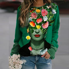 Landscape Printed Loose Casual Sweatshirts Women Autumn Long Sleeve Round Neck Hoodie Tops