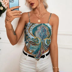 LIZAKOSHT  -  Womens Y2k Satin Corset Sexy Crop Tops Print Sexy Backless Camisole Bandana Tank Tops Summer Lady Sling Strap Club Vest