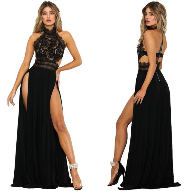 Summer lady's Sexy See-Through lace Nude Back High Slit Dress