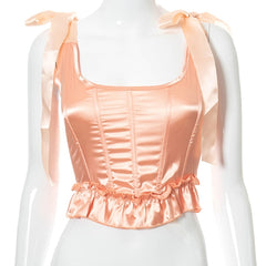 Bomblook 2021Solid Square Collar Patchwork Sleeveless Backless Lace Ribbons Y2K Corset Tops Summer Women Sweety Sexy Streetwears