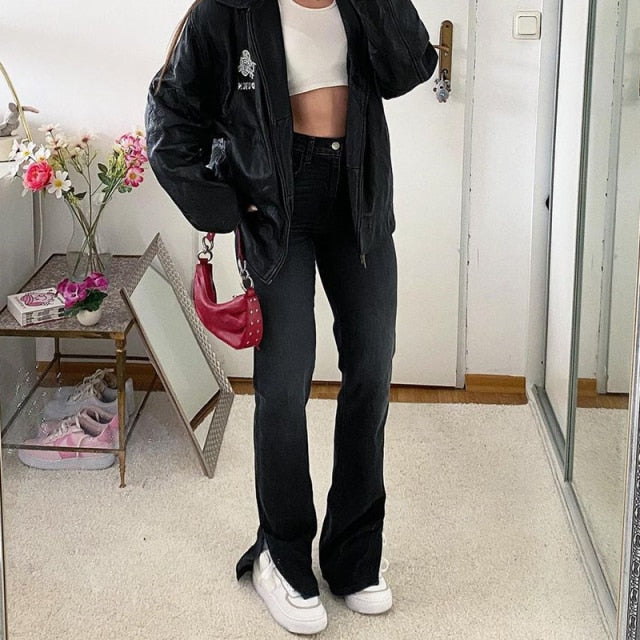 Stylish White Y2K Jeans For Girls Fashion 2021High Waist Vintage Trouser Frmale Straight Women's Split Denim Pants Streetwear