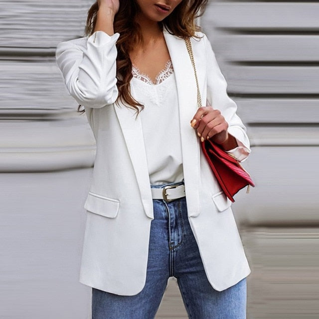 New Women Autumn Blazer Jacket Fashion Basic Blazer Casual Solid Button Long Sleeve Work Suit Coat Office Lady Elegant Blazers