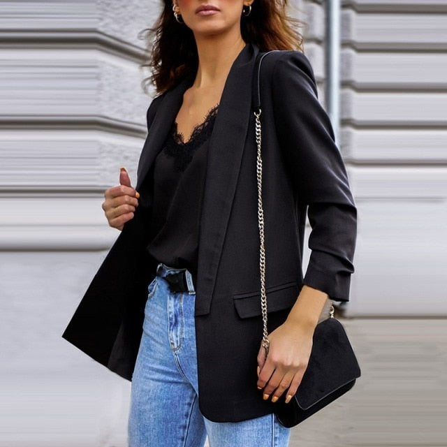 New Women Autumn Blazer Jacket Fashion Basic Blazer Casual Solid Button Long Sleeve Work Suit Coat Office Lady Elegant Blazers